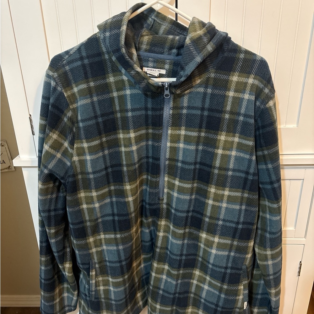 Gingham Cabincore O’Neill Women’s XXL Blue Green Plaid Fleece Zip Hoodie Jacket